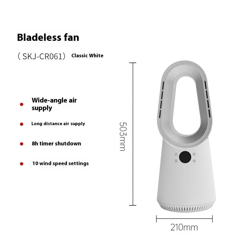 White bladeless tower fan with touch controls and remote on wooden desk