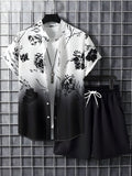 Black and white striped Hawaiian men's pullover shirt and shorts set on a model, loose fit, short sleeves.