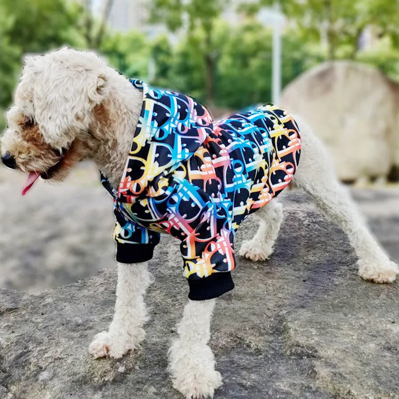 Colorful letter print polyester pet hoodie in picture colour, available in sizes XXS to FB for dogs and puppies.