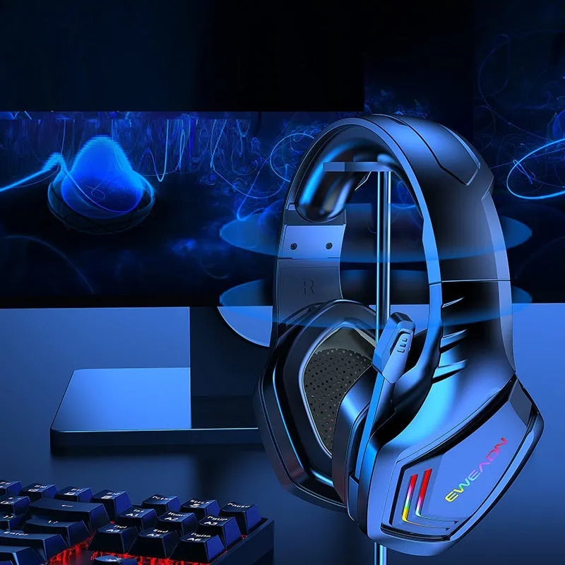 Black wireless Bluetooth headphones with RGB lighting effects and noise cancellation feature