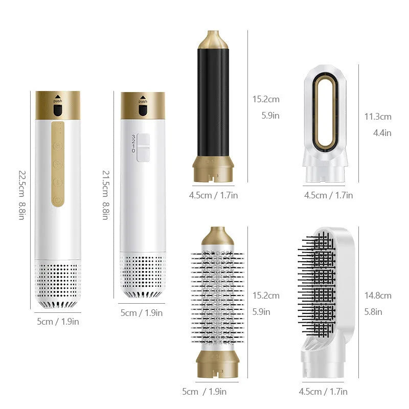 Multifunctional hot air styling comb with six attachment heads in leather case