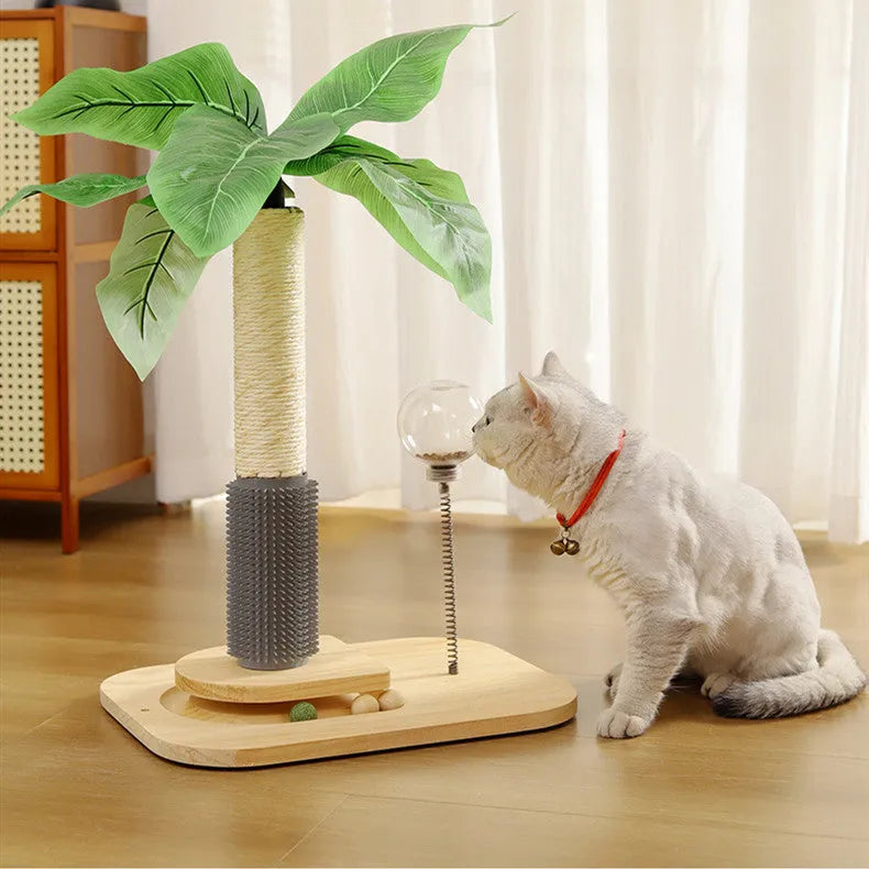 Vertical wooden cat scratching post in canna colour with an integrated food drop ball.