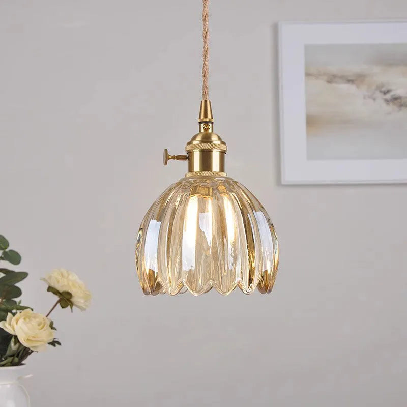 Vintage nordic style bedroom chandelier with glass flower shades in amber, green, grey, white, or transparent.