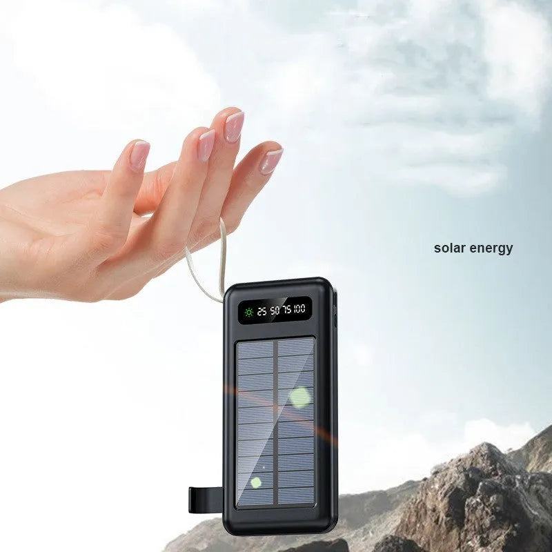 Cool black and ivory white solar power bank showing front display and solar panel.