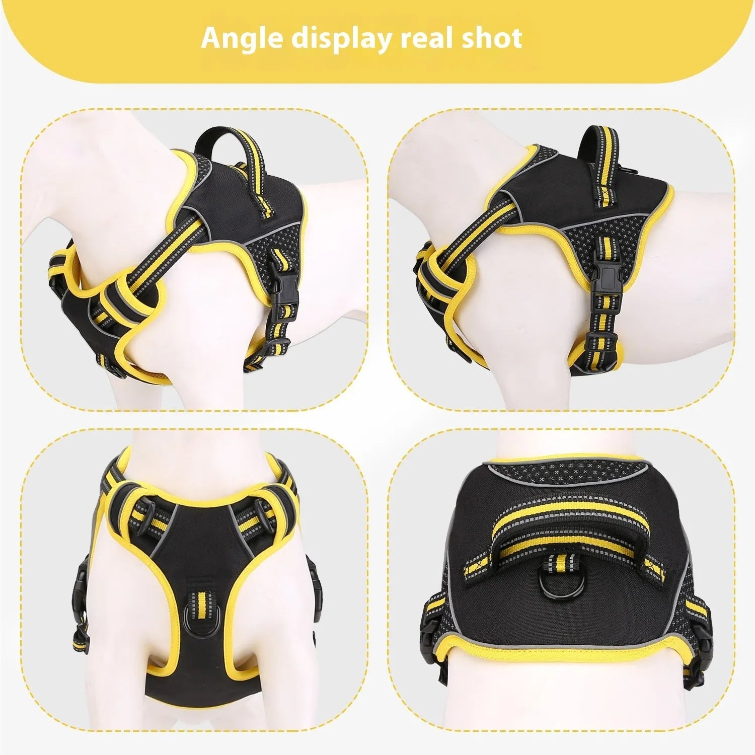 Orange and yellow polyester dog harness with anti-breaking traction strap in S, M, L sizes