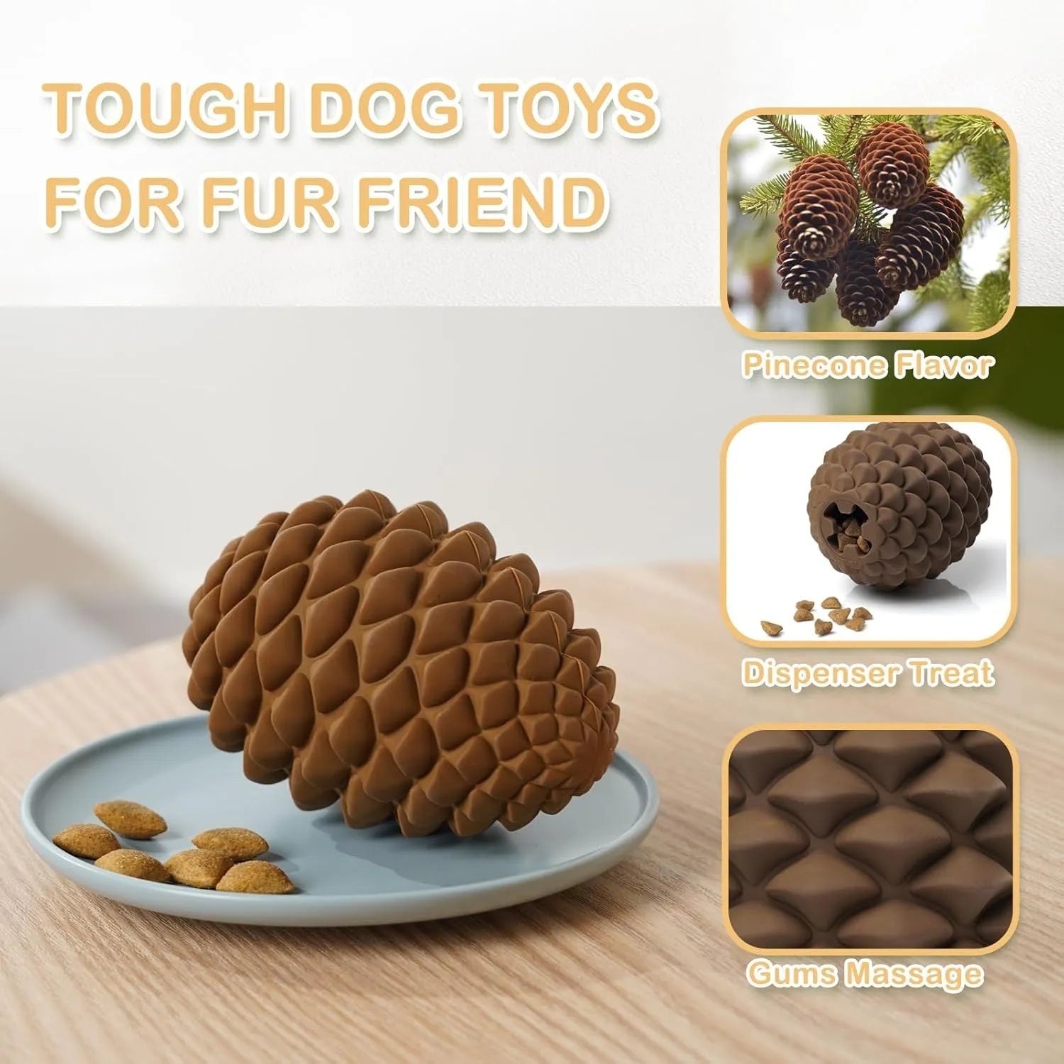 Yellow pine cone shaped natural rubber dog toy with treat dispenser for large dogs.