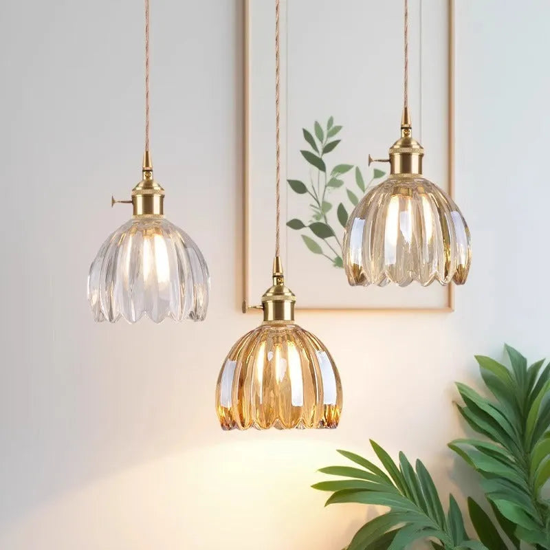 Vintage nordic style bedroom chandelier with glass flower shades in amber, green, grey, white, or transparent.