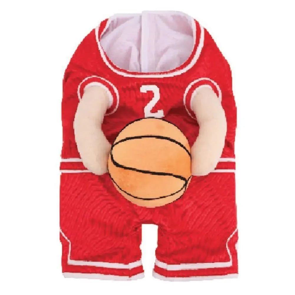 Dog wearing red basketball costume with matching ball accessory