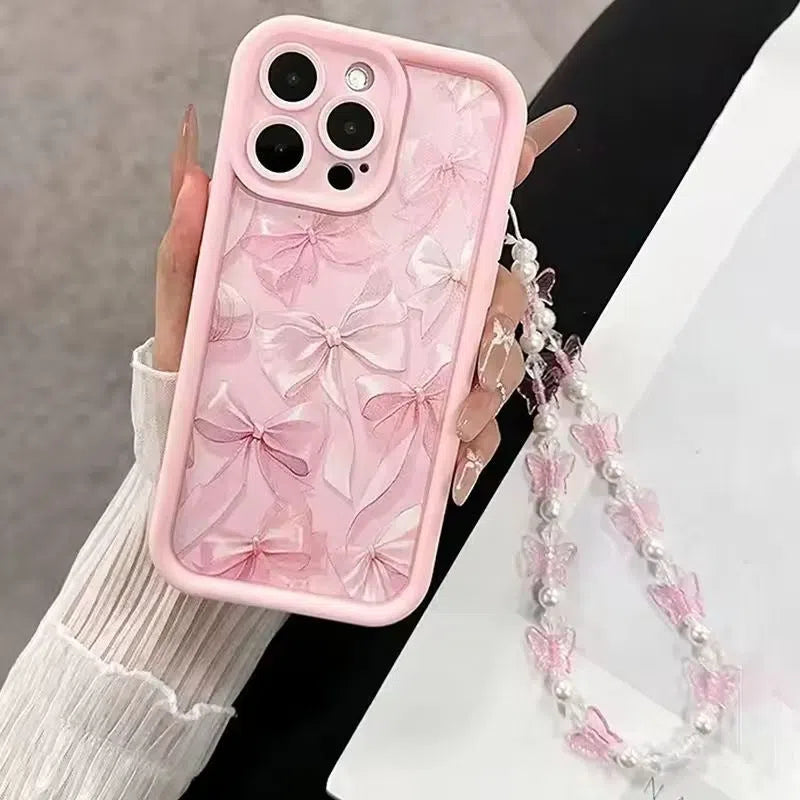 Pink matte bow silicone phone case with Tianyan Ladder J124-P1 pattern for Apple iPhone