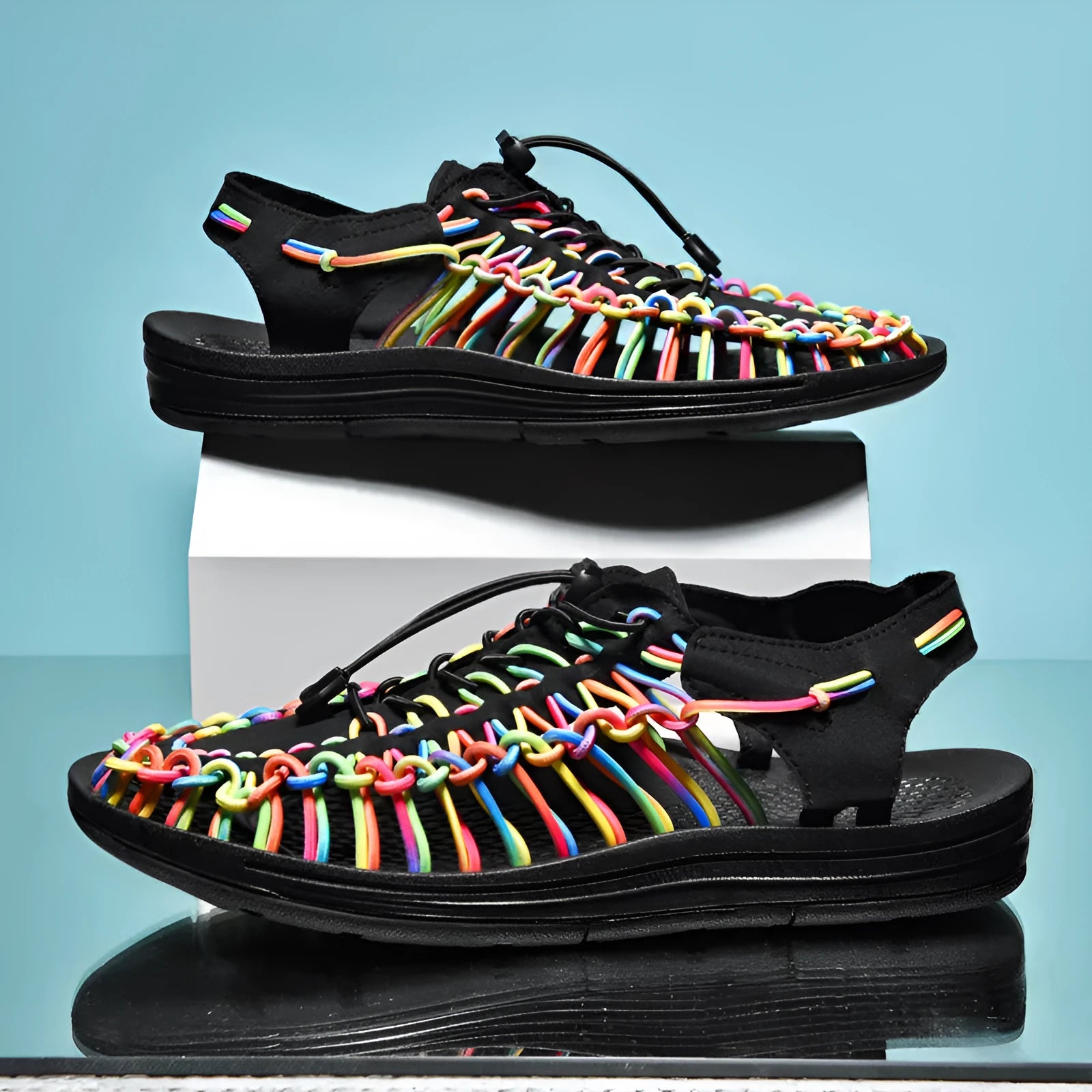 Woven Roman sandals with elastic drawstring tie in rainbow colour pattern
