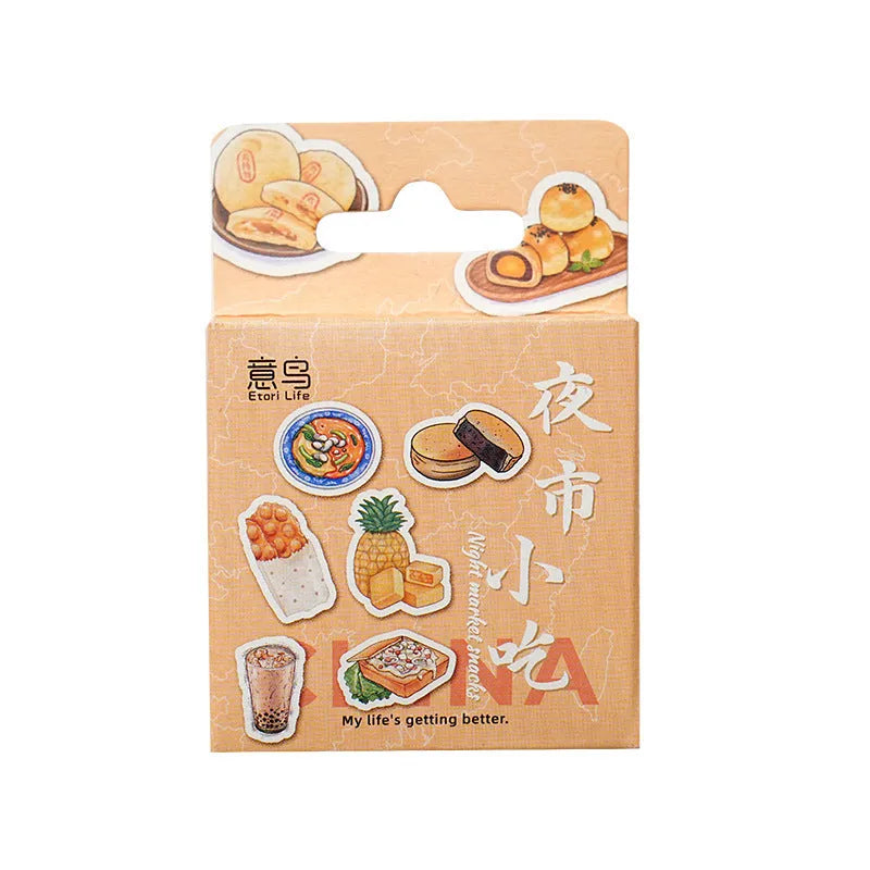 Box-packed set of 46 retro night market snacks adhesive stickers with printed designs