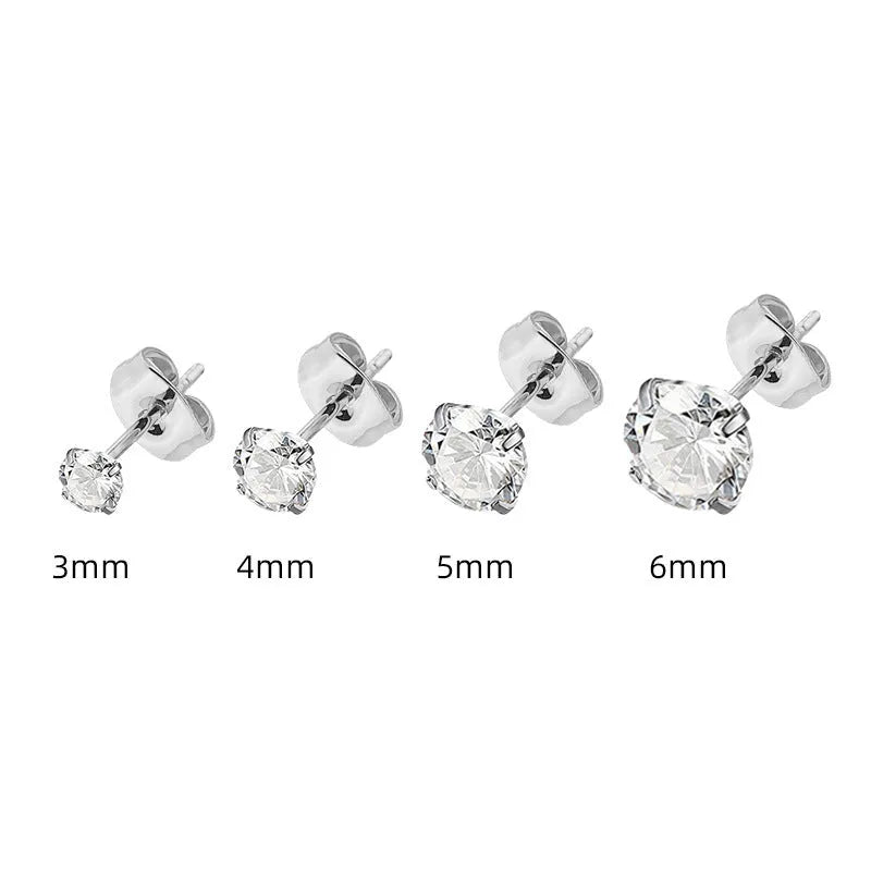 Titanium steel square geometric zircon stud earrings in gold and steel colour options with size range from 2mm to 8mm