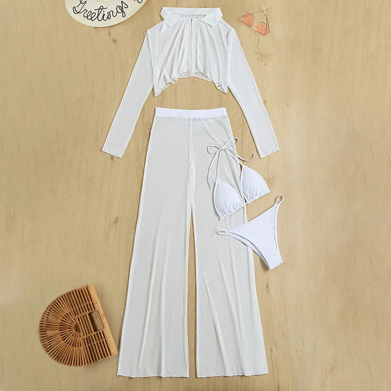 White four-piece women's swimsuit set with high-waist trousers and backless top