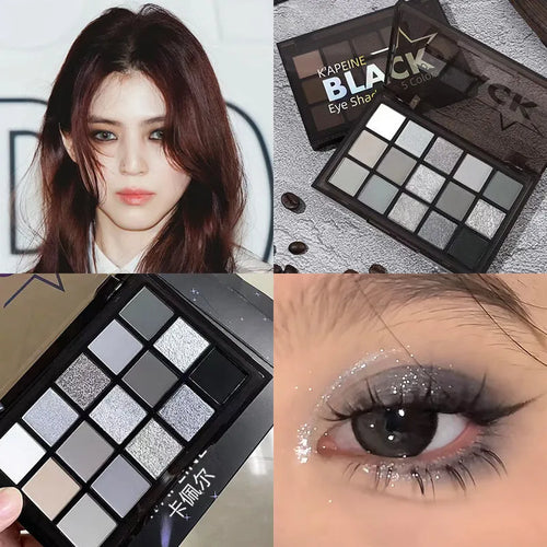 Open 15-pan eyeshadow palette showing matte and shimmer shades in browns, greys, blacks, and blues.