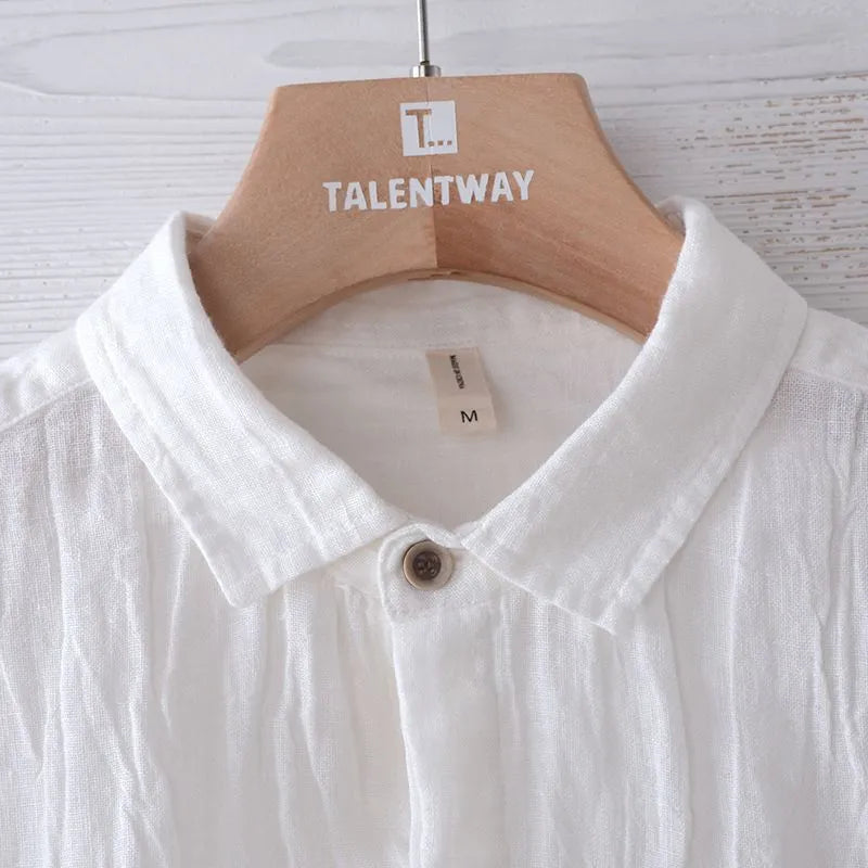 Men's solid colour retro distressed linen shirt in white, front view, summer casual button-down