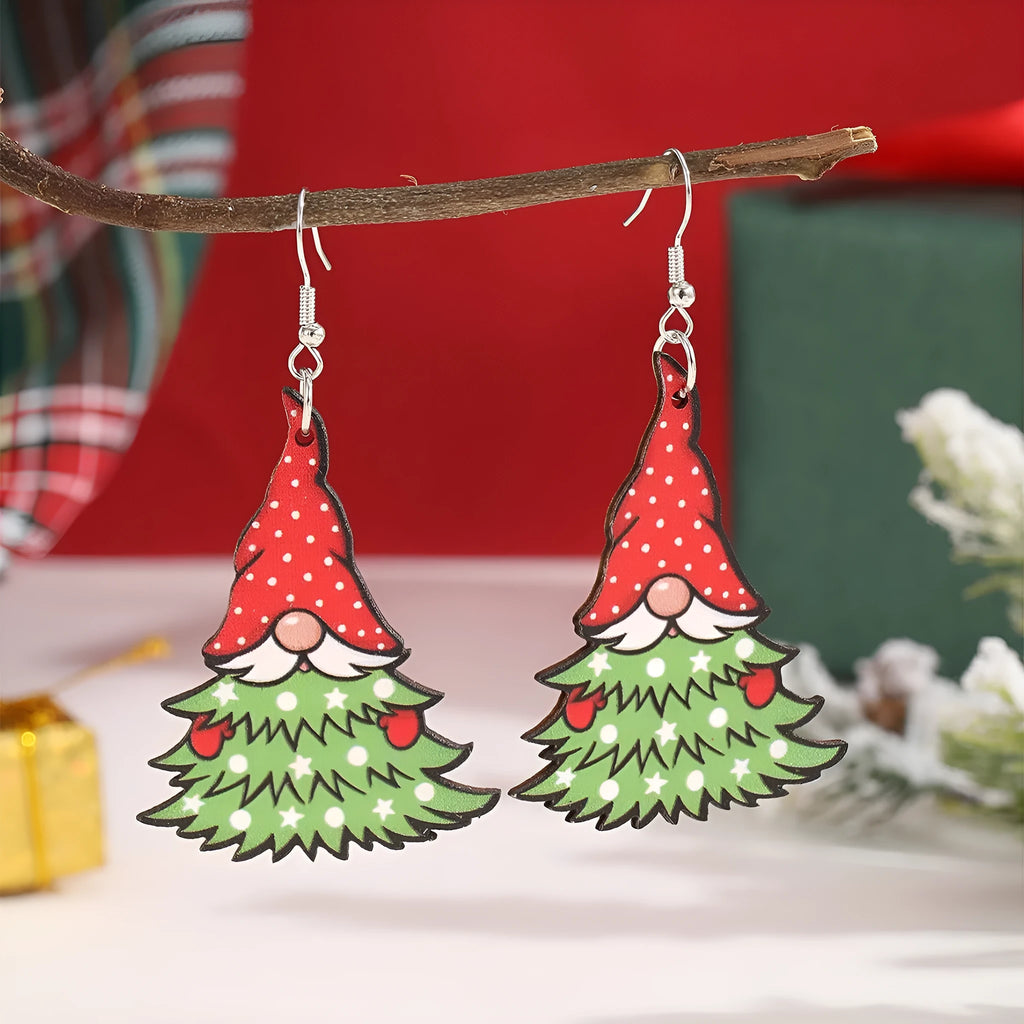 Wooden geometric Christmas earrings with Christmas tree and water drop snowman designs featuring Santa Claus elements