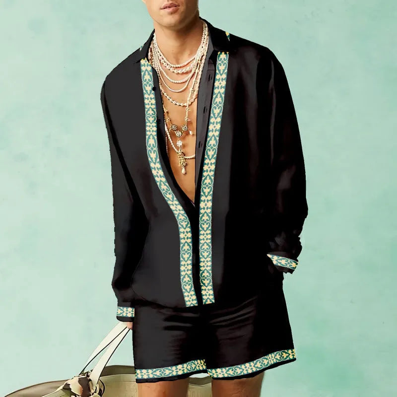 Casual slim-fit long sleeve shirt and matching shorts set for summer, available in various colours.