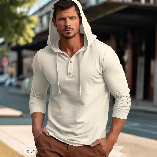 Men's cotton pullover hoodie in dark blue colour with long sleeves and relaxed fit