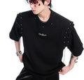 Women's black short sleeve T-shirt with lace-up cutout deconstruction style detail
