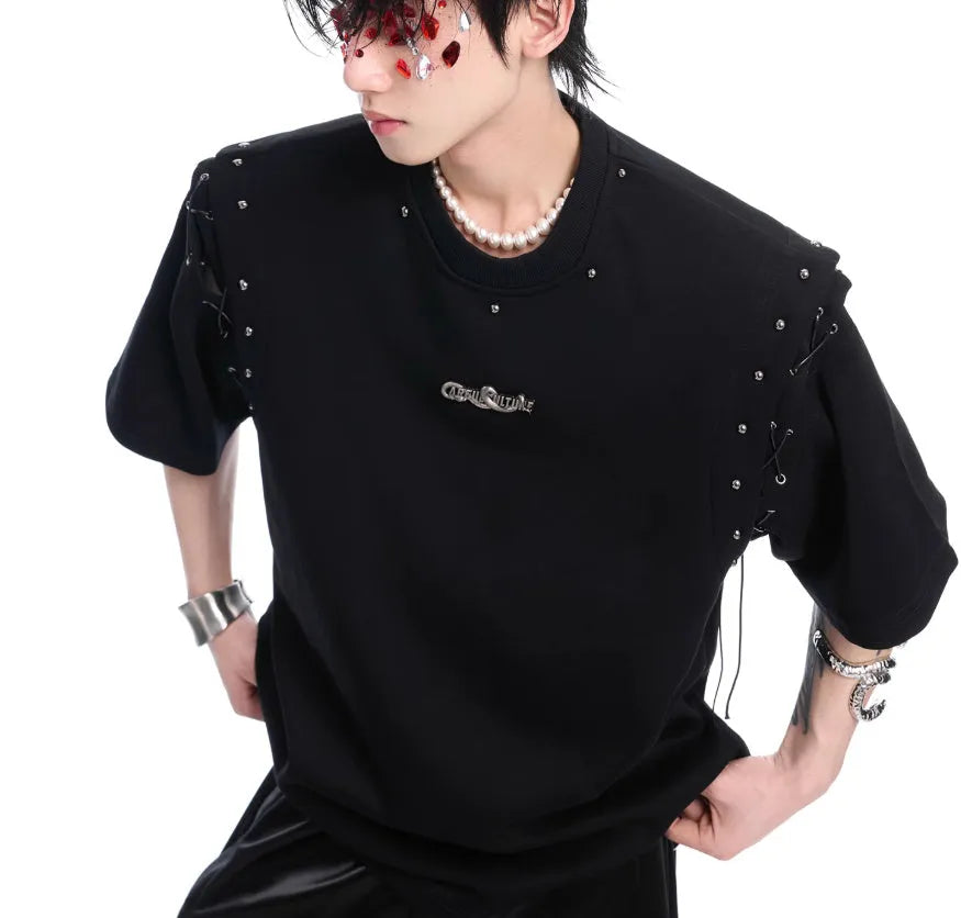 Women's black short sleeve T-shirt with lace-up cutout deconstruction style detail