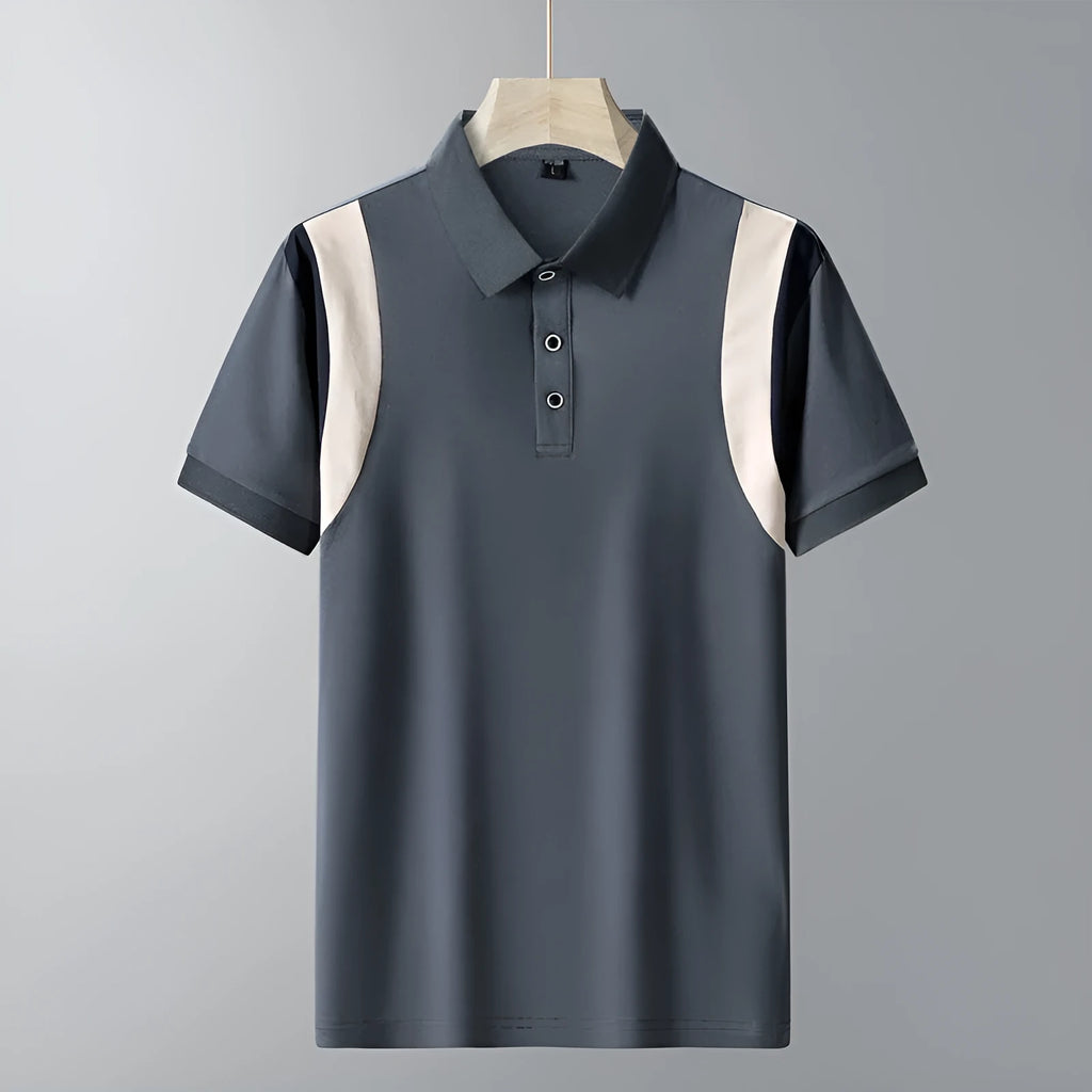 Men's grey striped cotton short-sleeve T-shirt with a business lapel, shown in a loose fit.