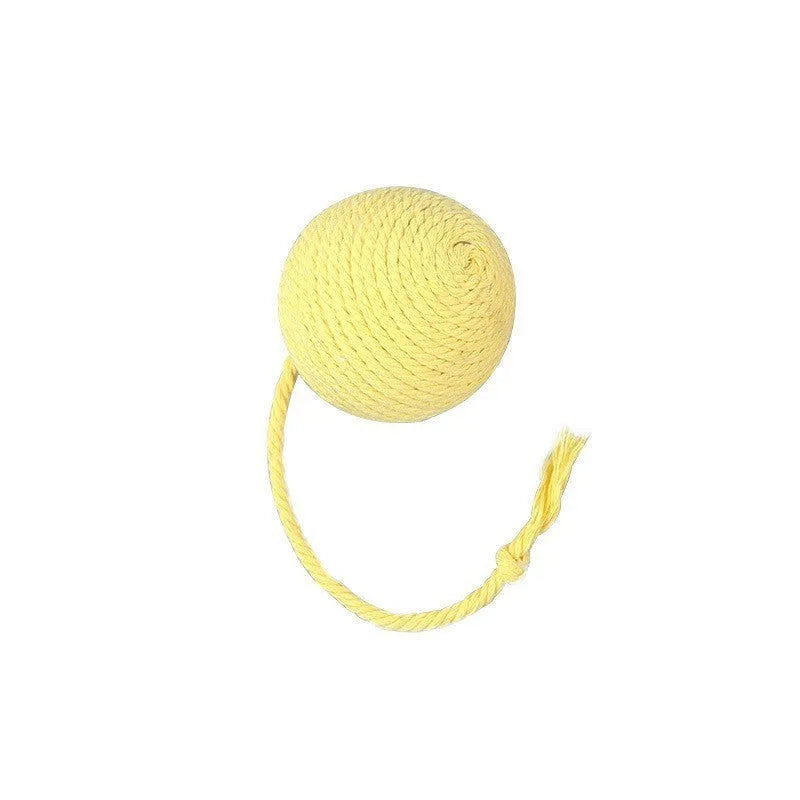 Cat toy ball with attached rope in green, pink, purple or yellow colours showing 3cm and 6cm size options