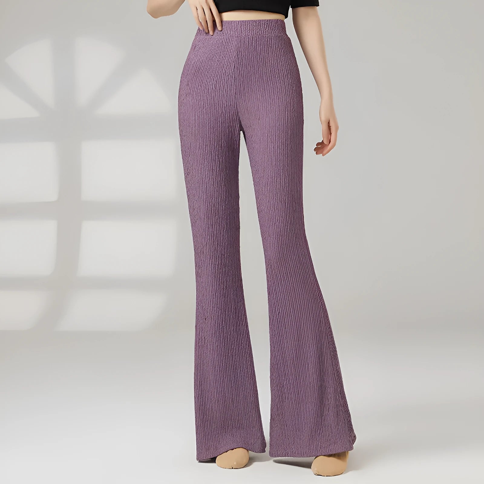 Female classical dance practice pants in polyester fabric showing five colour options including beige apricot and taro purple