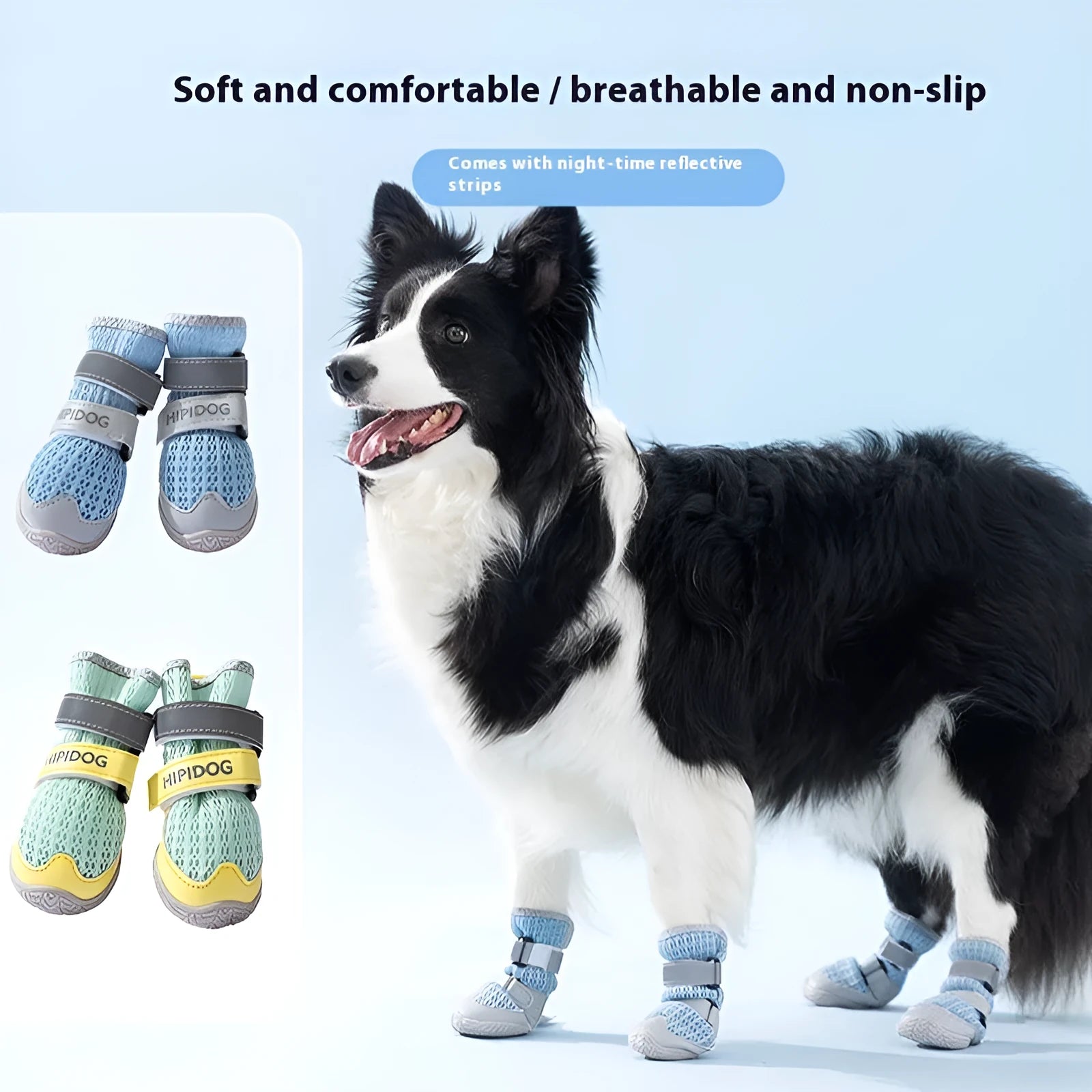 Blue and green cartoon-style breathable dog shoes for summer on a white background.