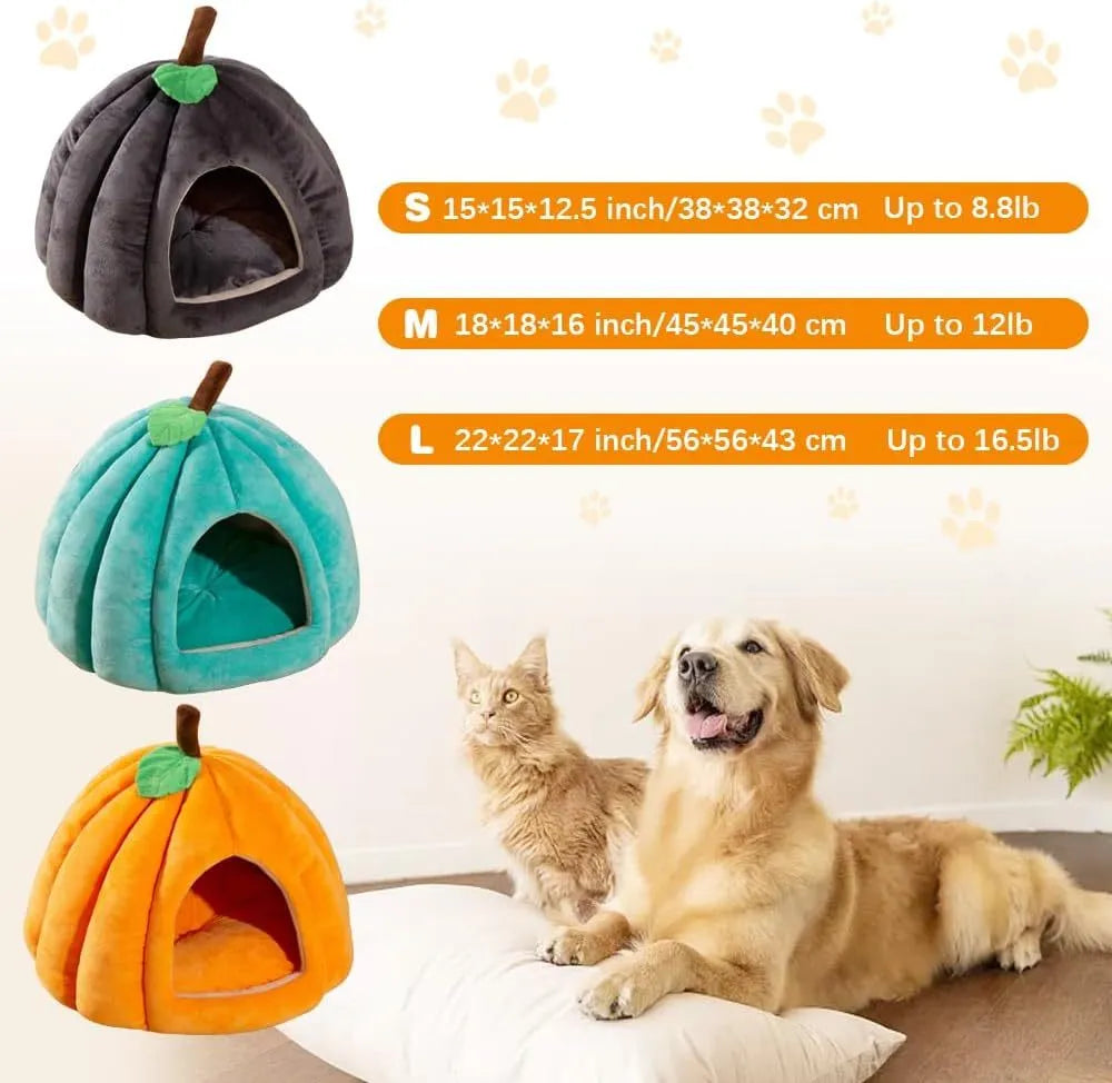 Grey pumpkin-shaped cat cave bed with plush fabric, shown with a small cat inside.