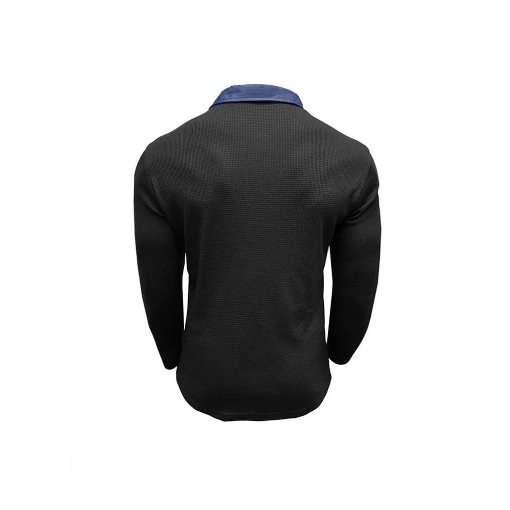 Men's long-sleeved waffle polo shirt in a solid colour with an asymmetrical retro style detail.