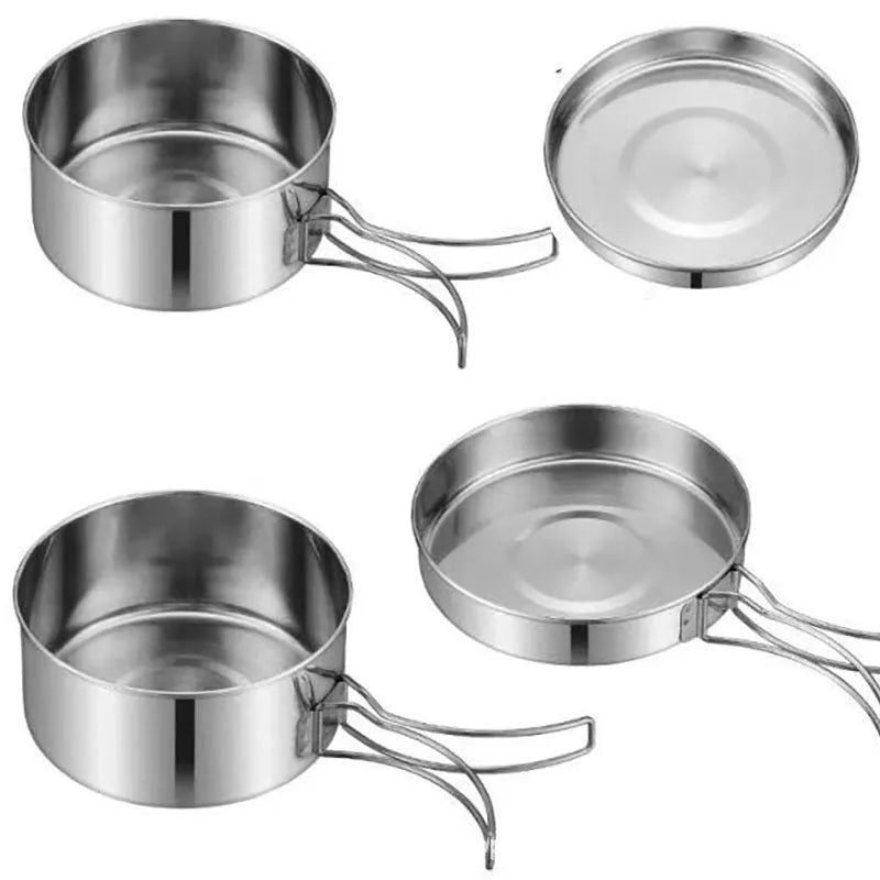 Silver stainless steel camping cookware set with 4 round pots for 2-3 person outdoor cooking