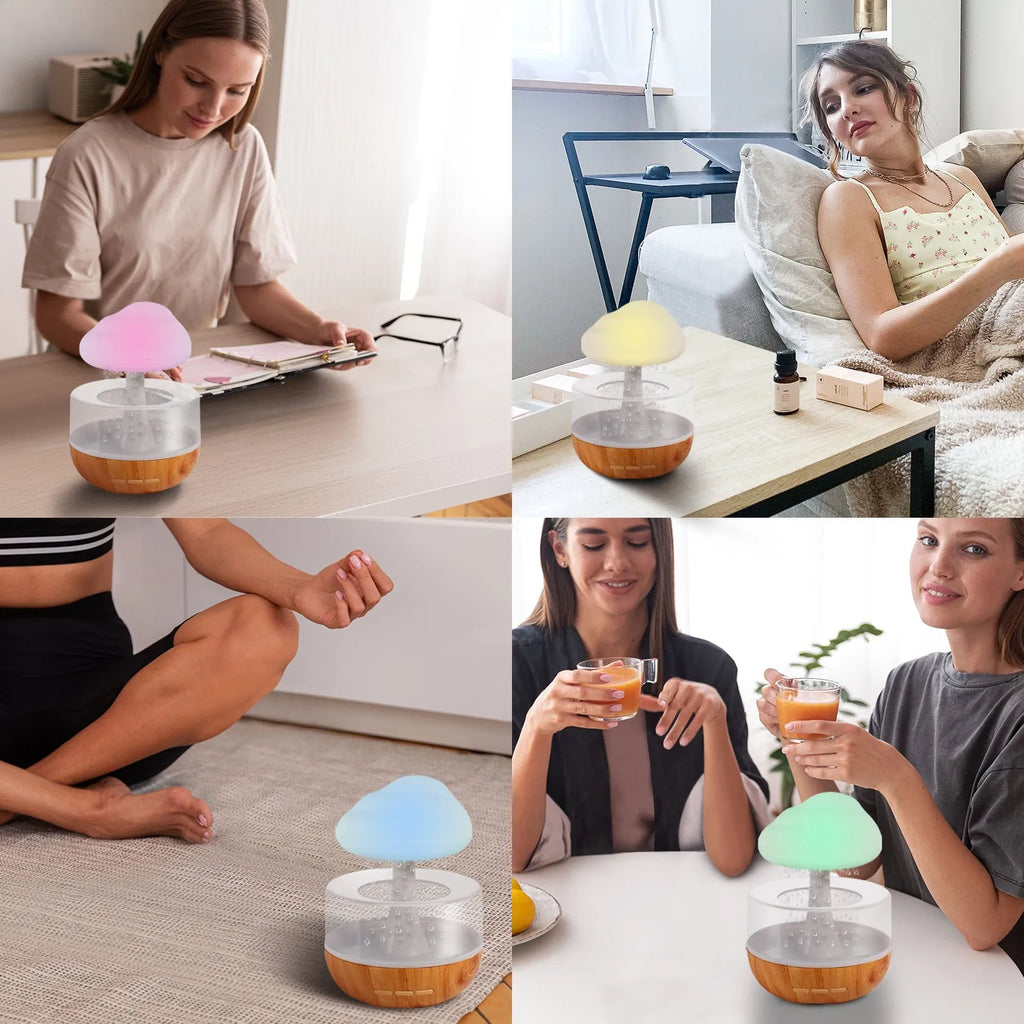 White USB micro humidifier with 400ml tank, colour-changing night light, and essential oil diffuser function