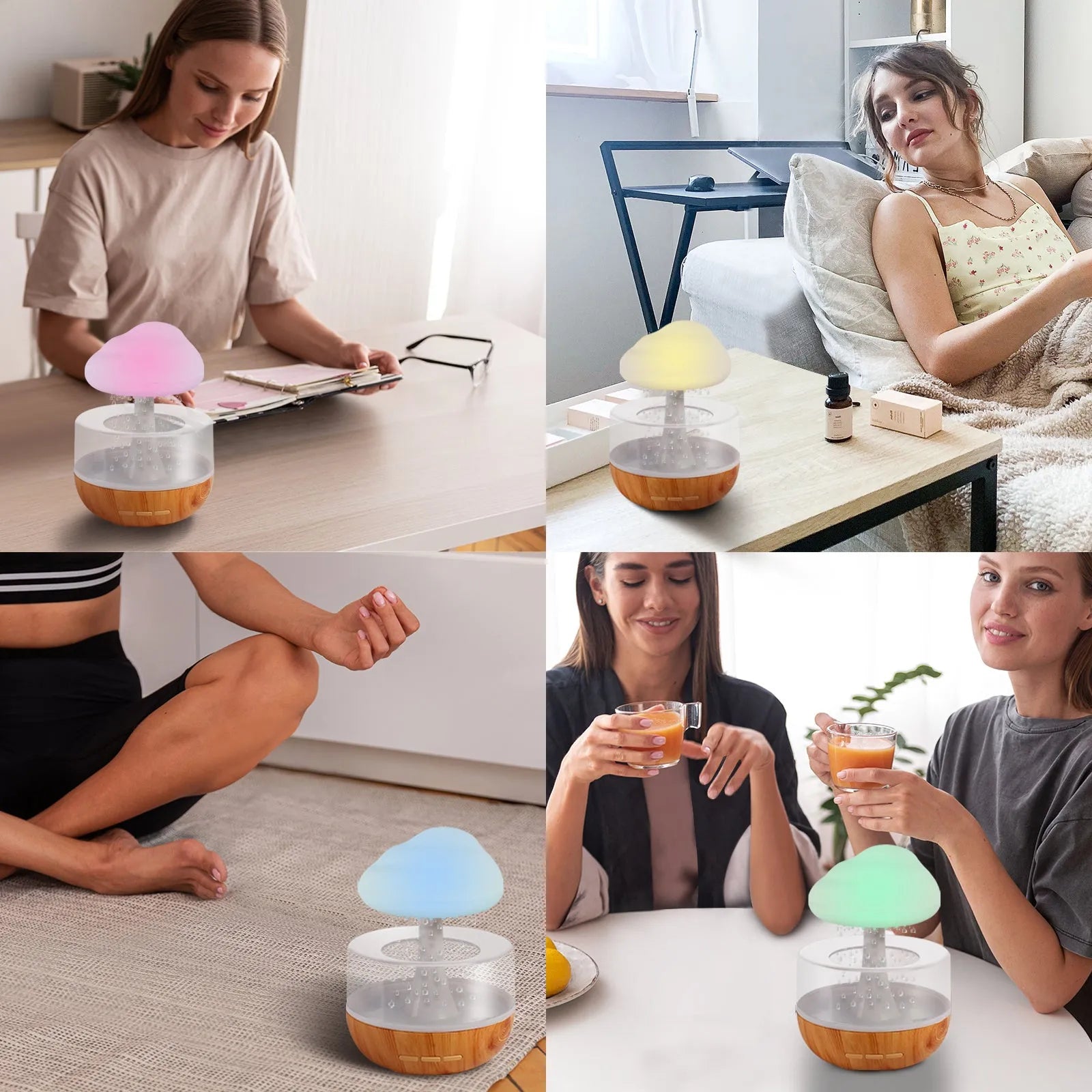 White USB micro humidifier with 400ml tank, colour-changing night light, and essential oil diffuser function