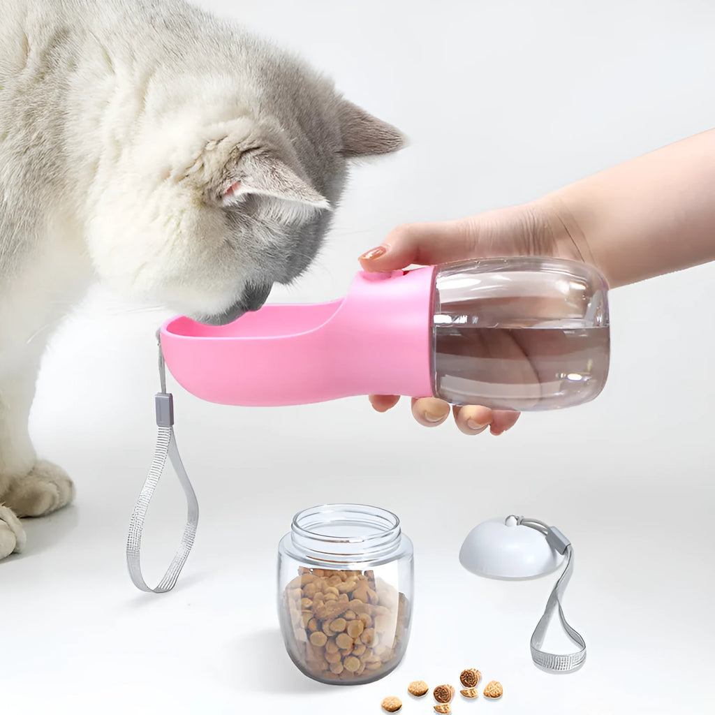 Dual-use pet water cup in plastic with 300ml water and 100g grain capacity, detachable and easy to carry