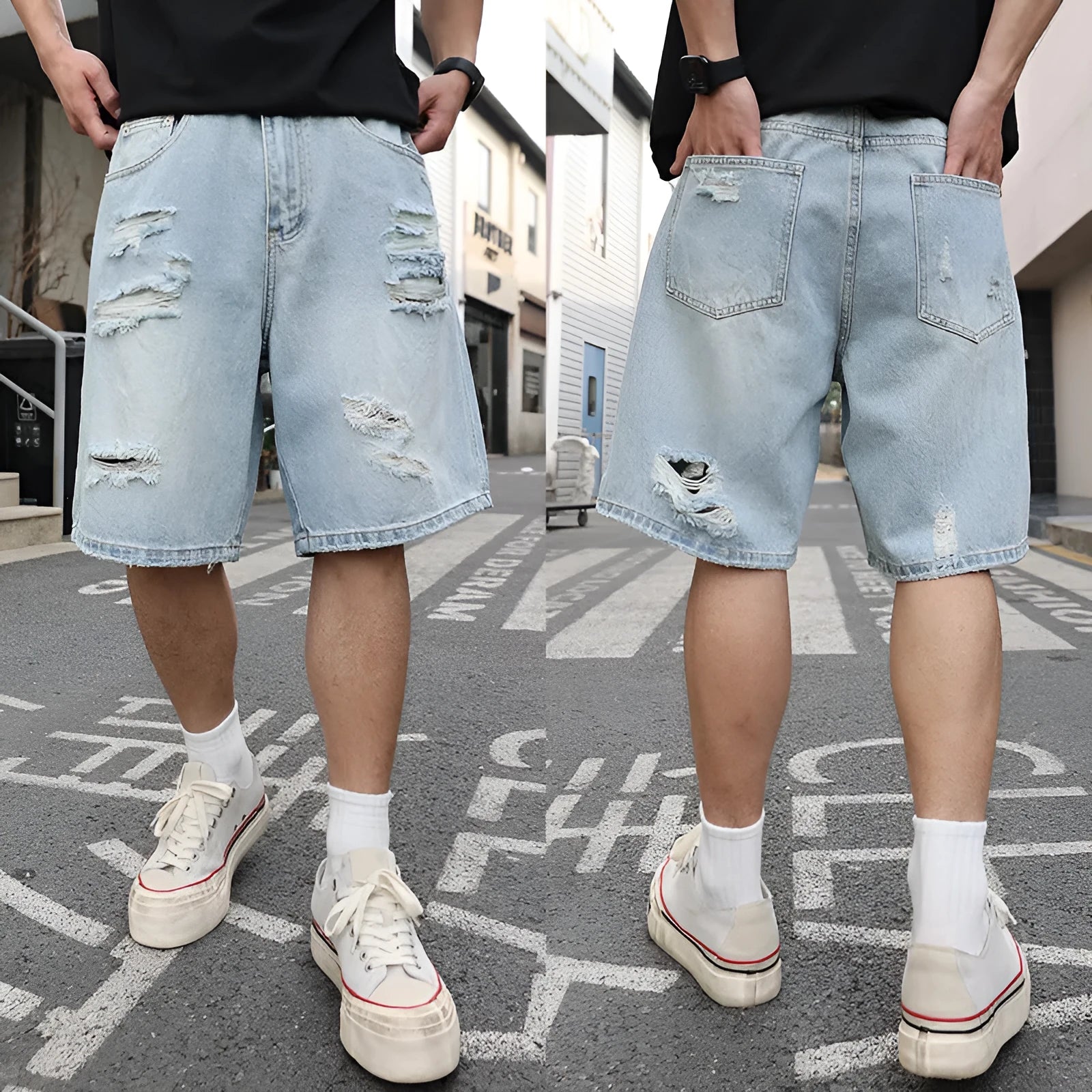 Light blue distressed denim shorts with ripped detailing and straight cut design on mannequin
