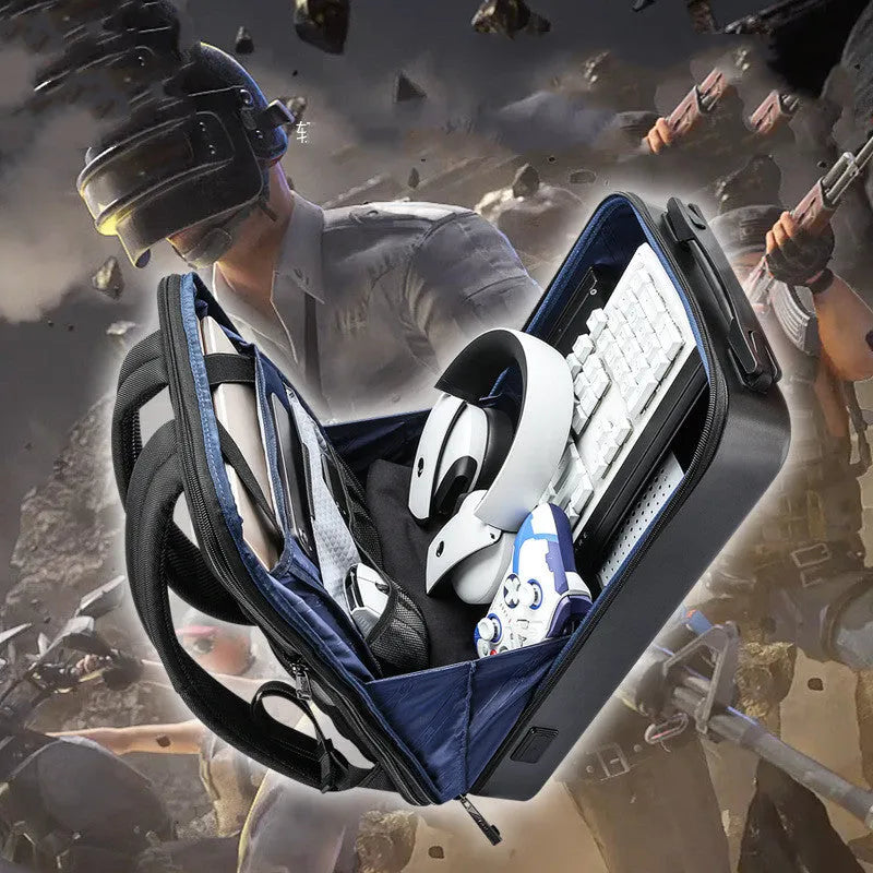 Men's hard-shell black PC gaming backpack with organised internal pockets and double shoulder straps.