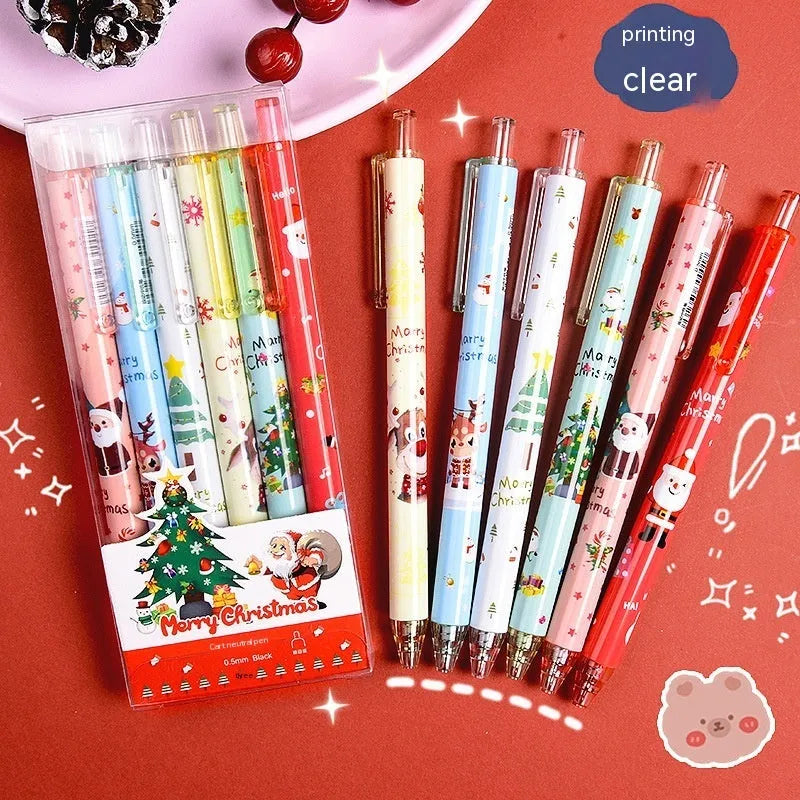 Six black gel pens with cartoon-themed plastic casings packaged as Christmas reward gift set