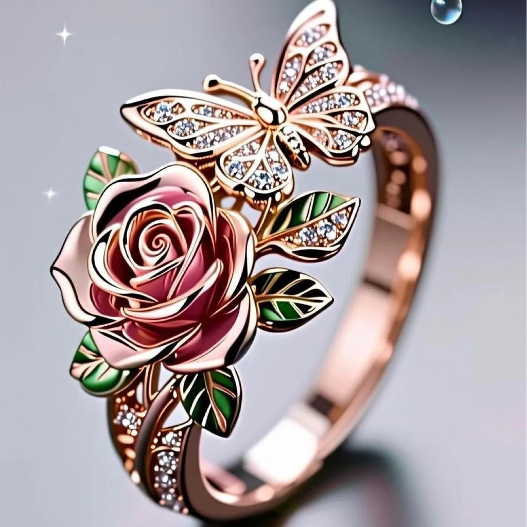 Adjustable butterfly personality ring with colourful oil drip treatment showing floral and insect design