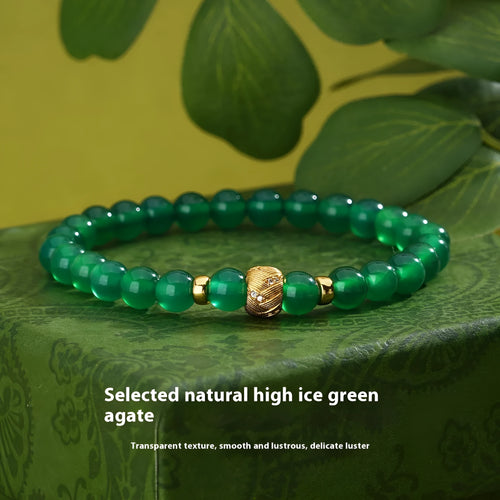 Green agate and S925 sterling silver bracelet with yellow gold accents and a 6mm round stone.