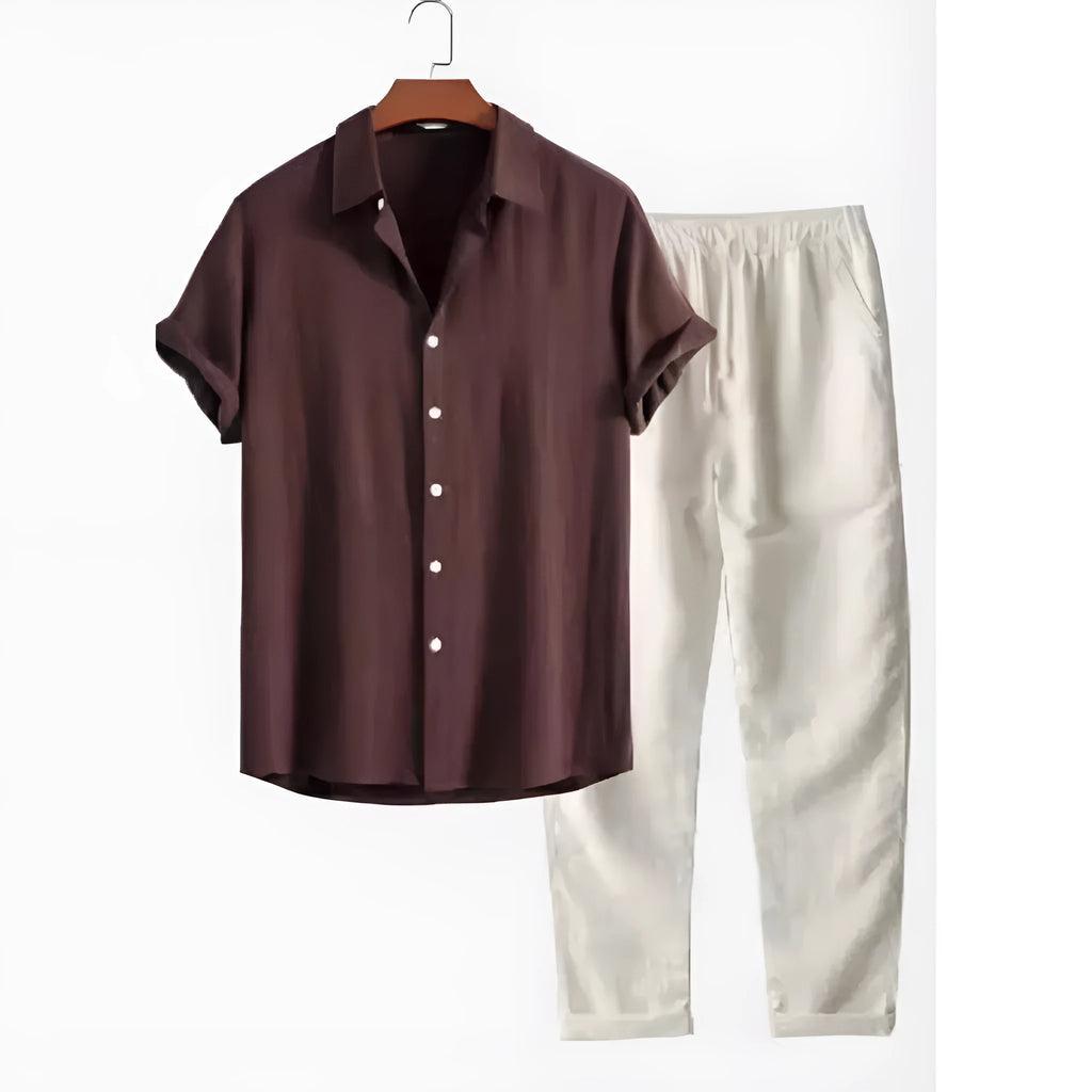 Men's casual loose multi-color beachwear cotton and linen short sleeve suit two-piece set in Beige