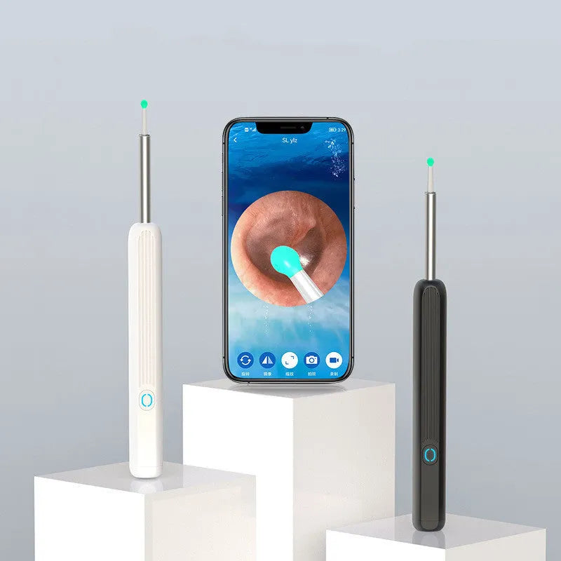 NE3 wireless otoscope ear cleaner with camera, spoon heads, and charging cable on a white background.