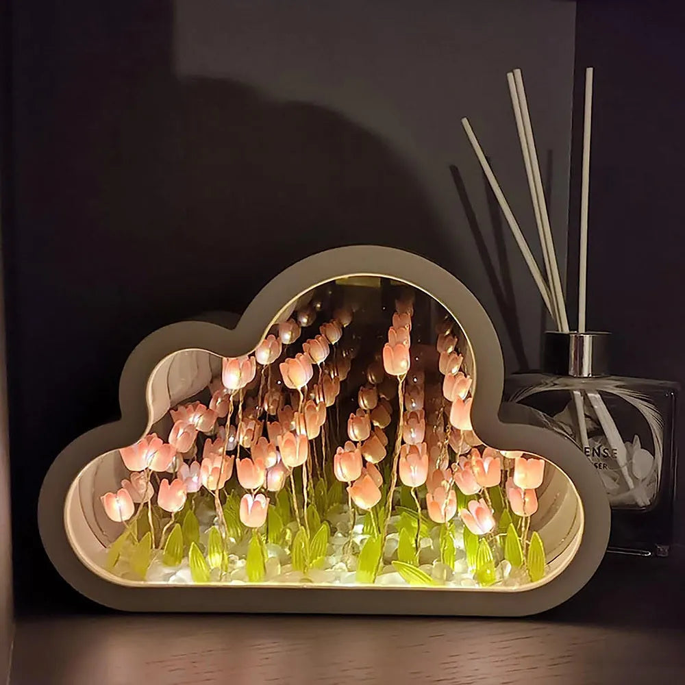 DIY tulip night lamp with decorative mirror and LED lighting in multiple colour options