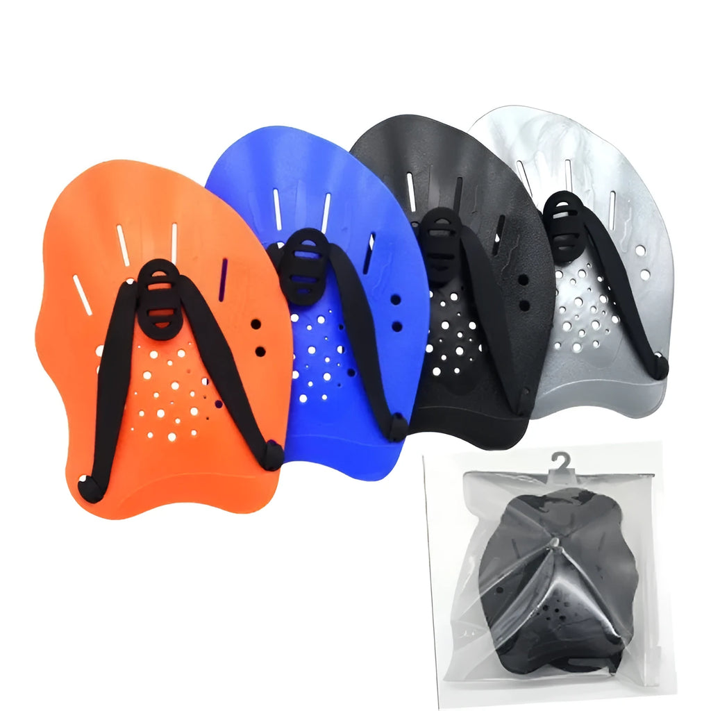 A pair of swim training hand paddles for freestyle stroke, shown in one of eight colour options including dark blue with yellow.