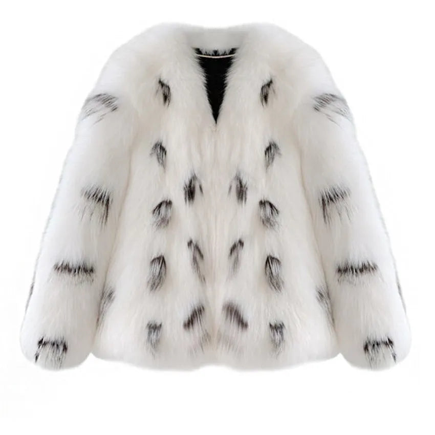 Black and white artificial raccoon fur coat for women, plus size, Korean street fashion style.