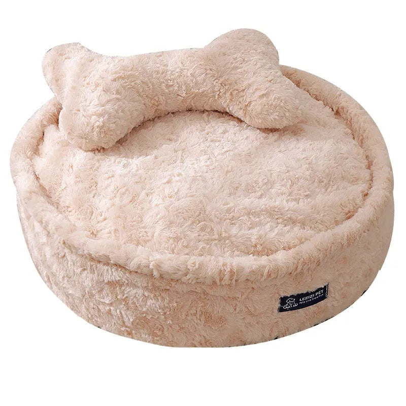 Round milk tea colour pet bed with removable washable cover in four sizes