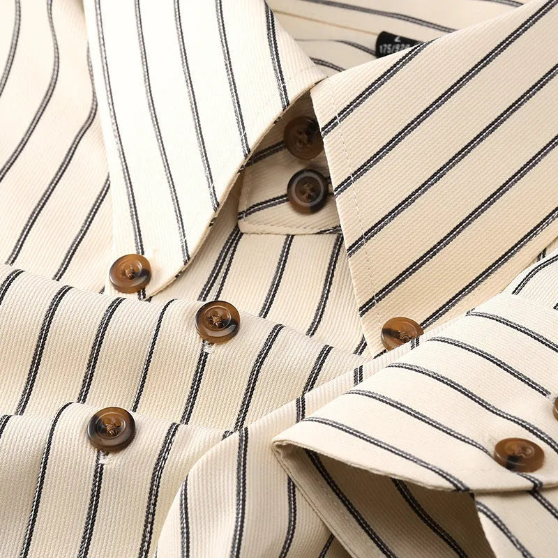 Coffee colour striped men's long-sleeved shirt with wool lining and slim fit