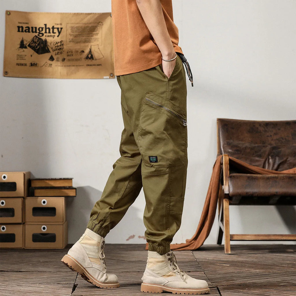 Men's khaki cotton retro overalls with tapered harem style and ankle banded legs