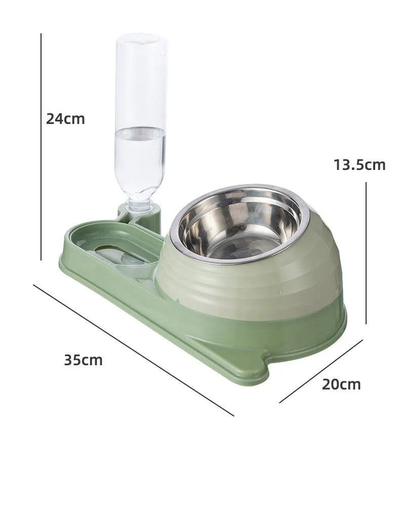 Raised cat feeder bowl with attached water bottle dispenser in green colour