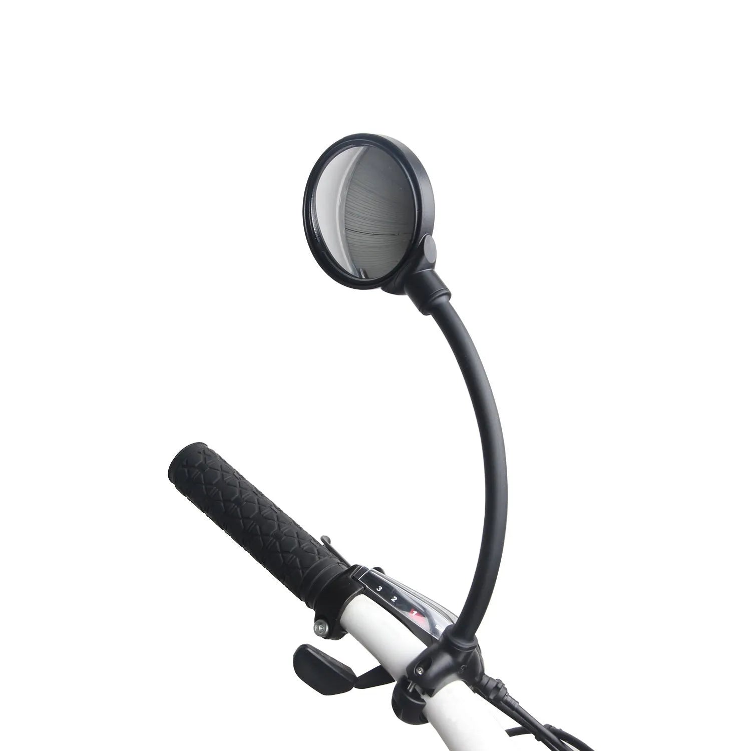 Black bicycle rearview mirror with hose adjustment system attached to handlebar