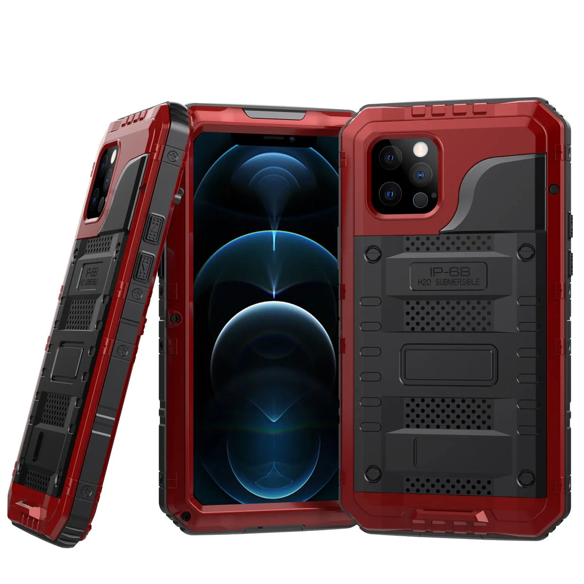 Waterproof metal diving phone case for iPhone 14 Pro Max in black, red, yellow colours